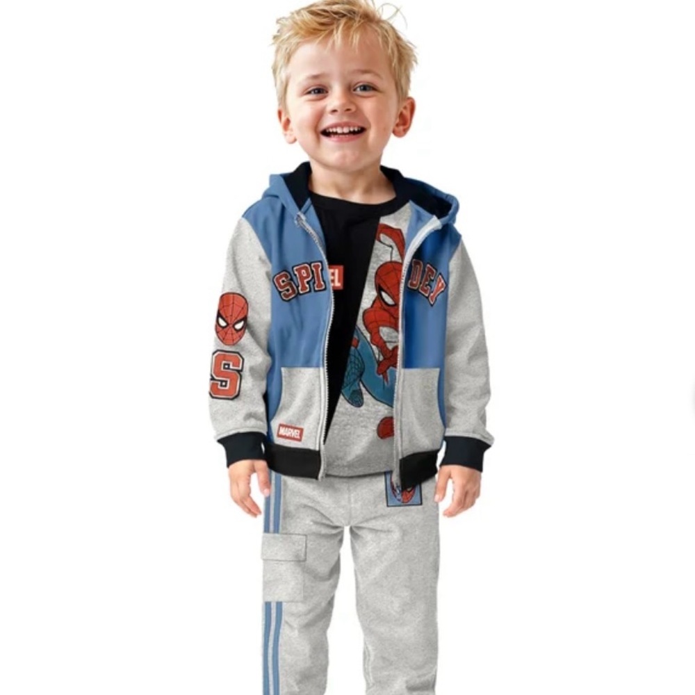 Marvel Kids Spider-Man Hooded Zip Set - Blue, Gray & Black Accents